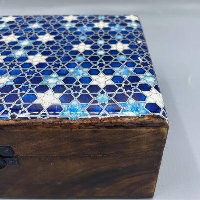 Large Ceramic Glazed Wood Box - 20x15x7.5cm - Blue Stars-Domviva