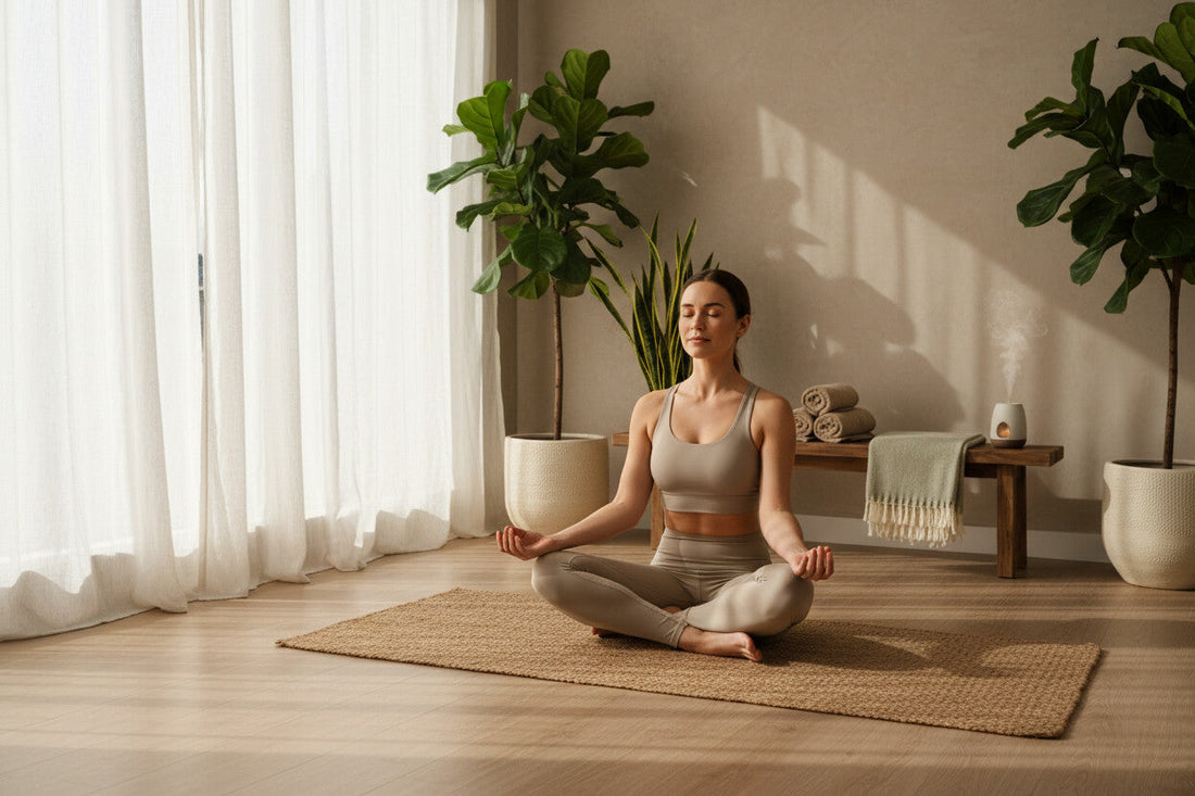 Ženska v lotosovem položaju meditira na jogi podlogi, obdana z rastlinami in difuzorjem.