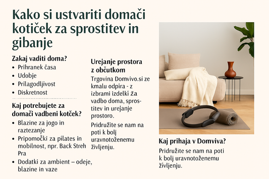 Domači kotiček za vadbo in sprostitev z blazino za jogo, pilates obročem, dekorativnimi blazinami, odejo in zeleno rastlino v svetlem, minimalističnem prostoru.