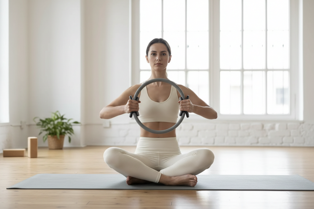 Ženska drži pilates obroč v rokah med vadbo doma na joga podlogi