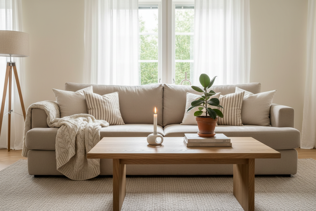 Hygge dnevna soba z bež kavčem, pleteno odejo, svečo in naravnimi materiali