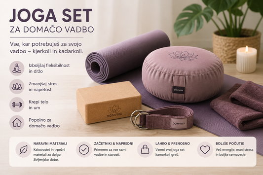 Joga set za domačo vadbo Domviva – joga podloga, pluto blok, meditacijska blazina, pas in brisača v vijoličnih tonih