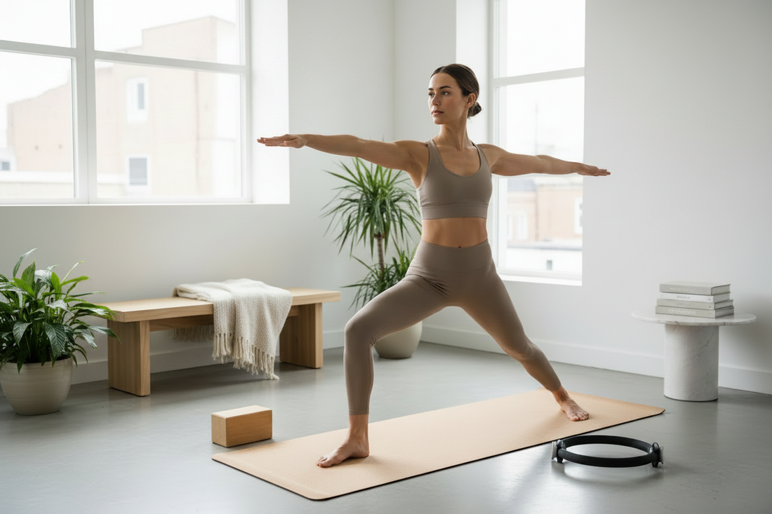 Ženska na joga podlogi doma z joga blokom in pilates obročem ob strani