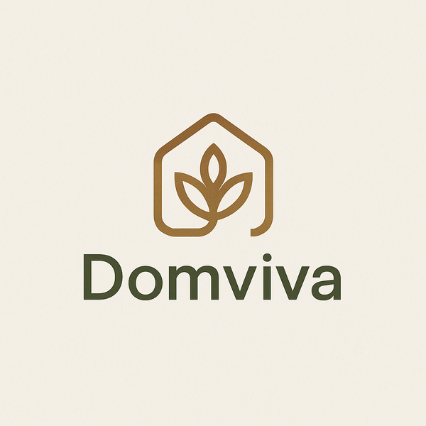 “Logotip Domviva z motivom hiše in lista – simbolizira naravno bivanje, udobje in trajnostni dom.”