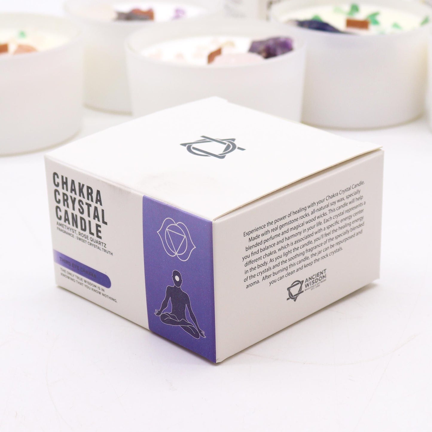 Box of Chakra Crystal Candle with text and graphics on a white background