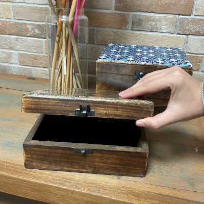 Large Ceramic Glazed Wood Box - 20x15x7.5cm - Blue Stars