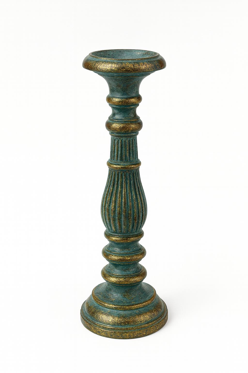 Decorative candle holder with green and gold finish on a white background