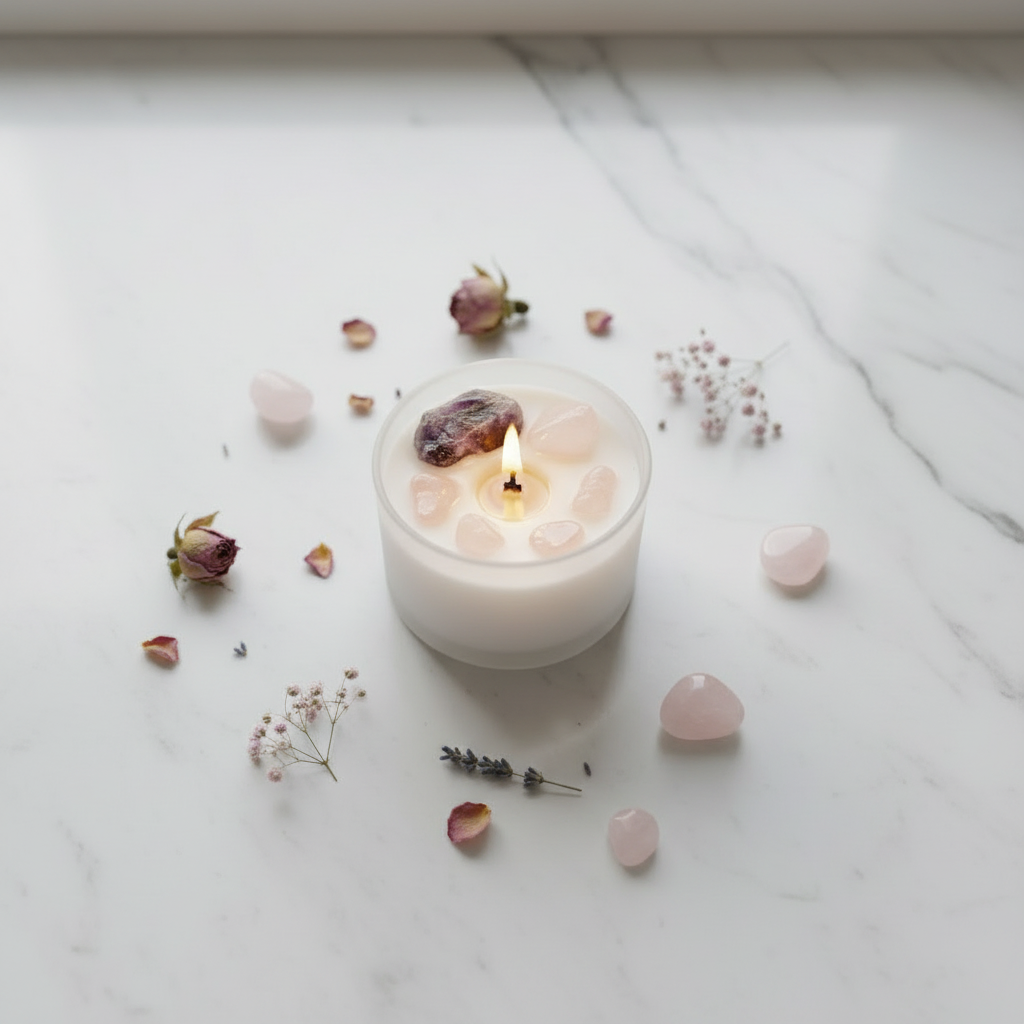 Crystal candle flat lay