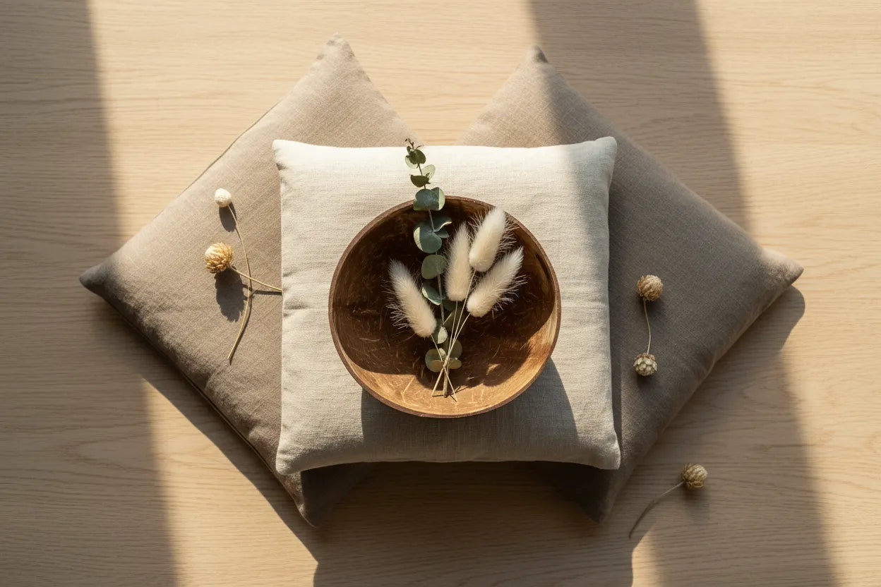 Decorative setting with a wooden bowl containing dried plants on a cushion, surrounded by additional decorative elements on a wooden surface.