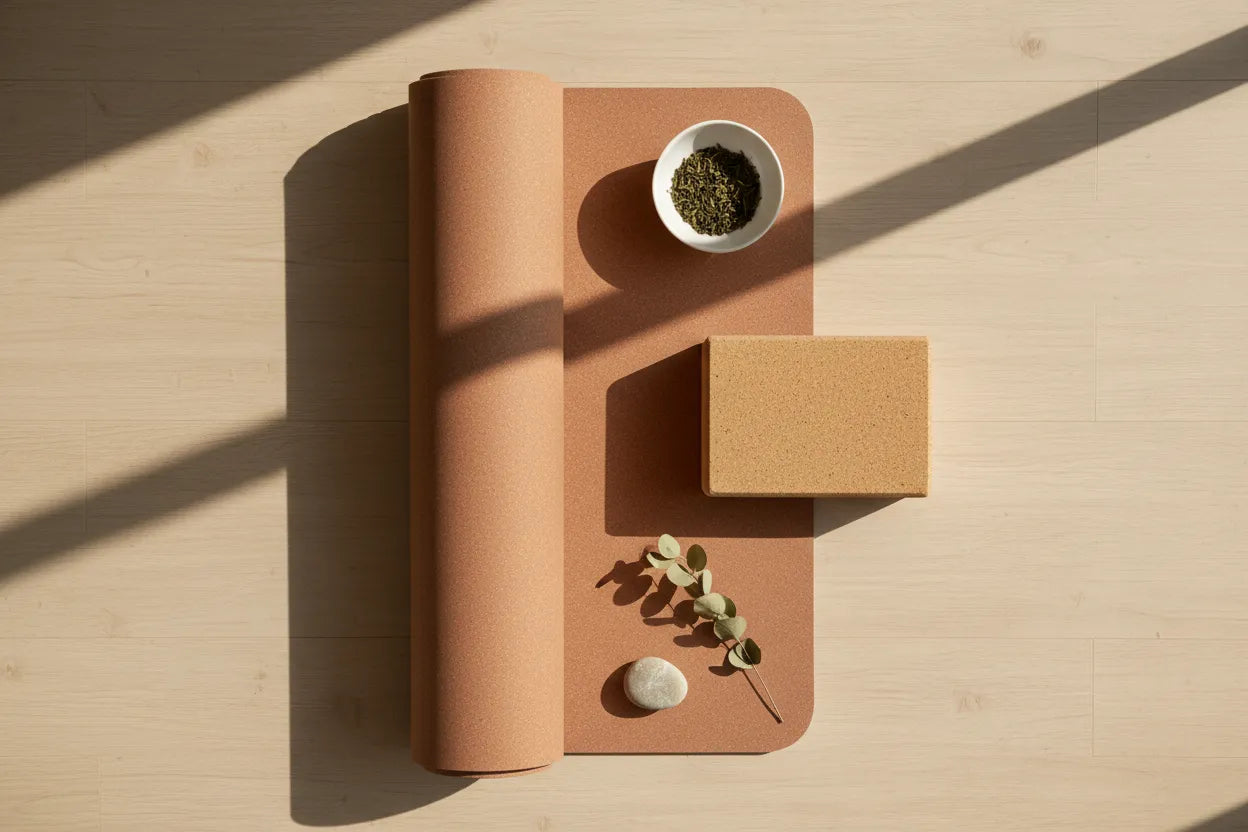 Minimalist arrangement of a bowl, box, and plant on a wooden surface with soft shadows.