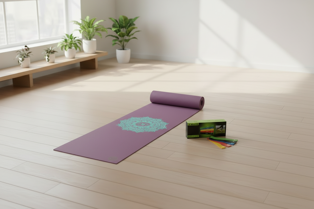 Joga Plus Set – LEELA MANDALA vijolična podloga (turkizna mandala) & elastike