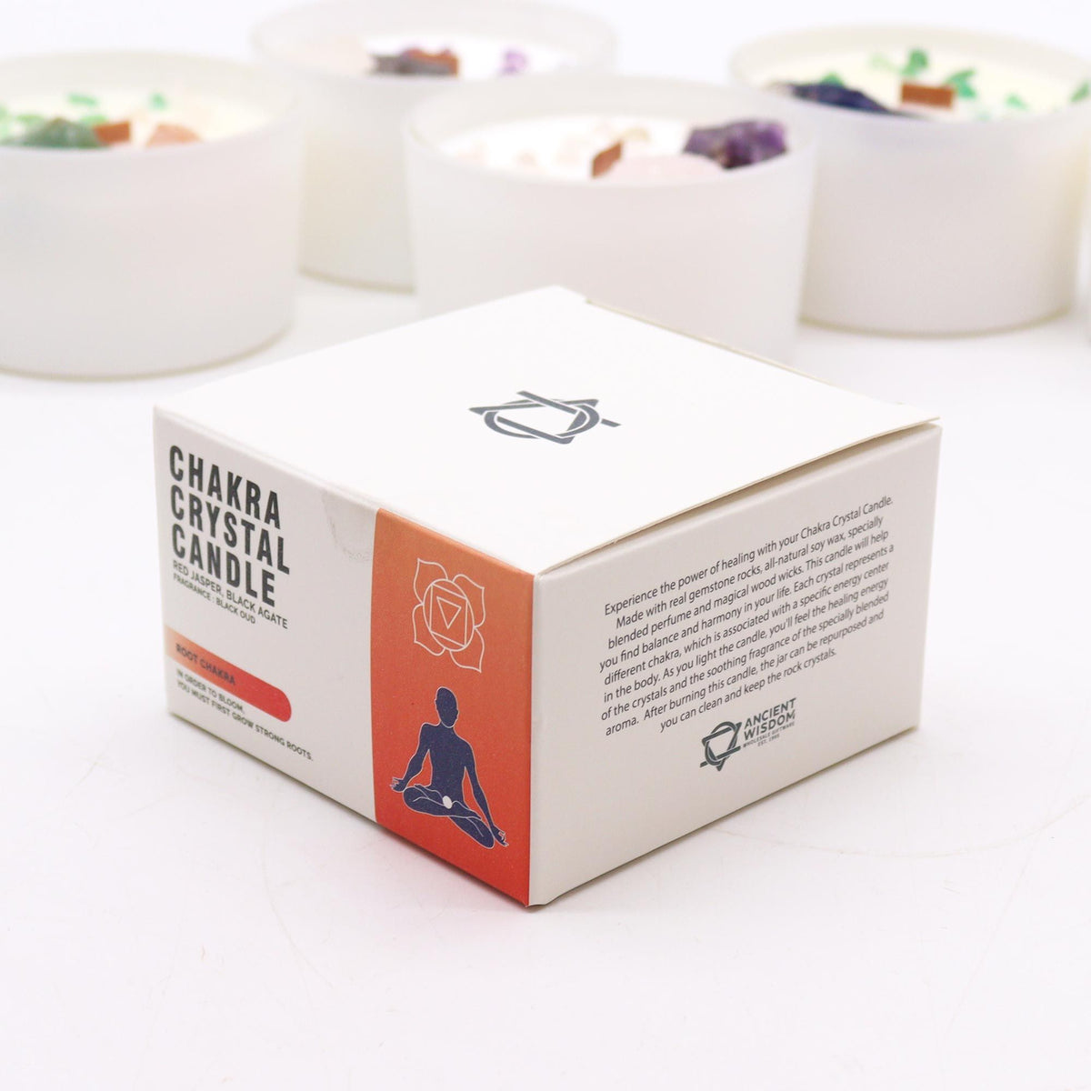 Kristalna sveča za korensko čakro – stabilnost & notranja moč | Root Chakra Candle.