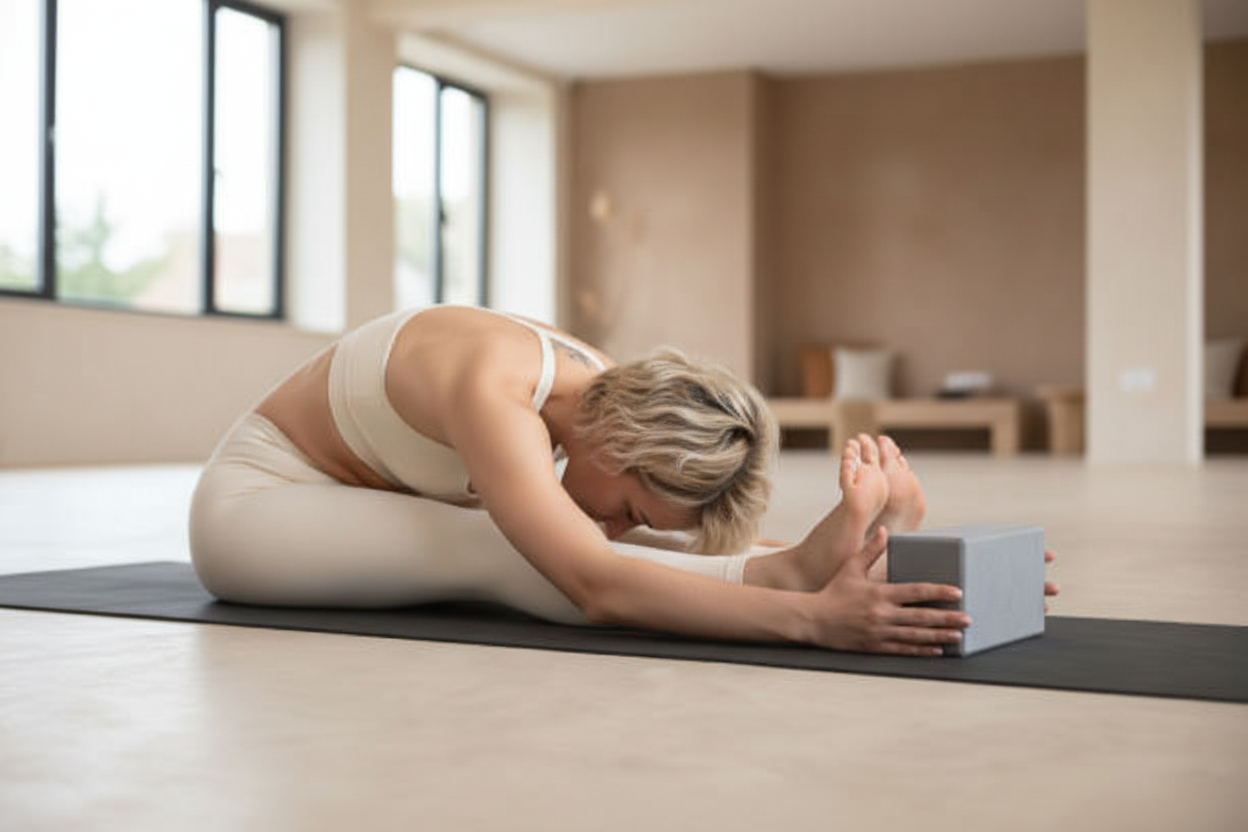 Paschimottanasana z enim sivim joga blokom