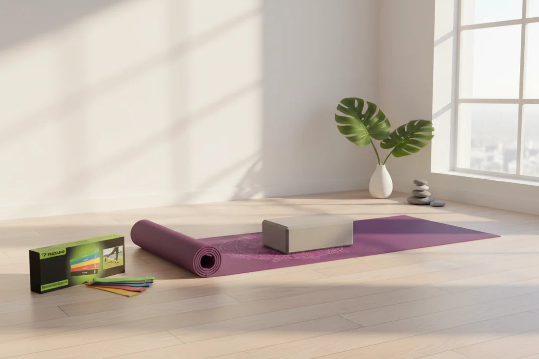 Joga Premium Set – LEELA MANDALA vijolična podloga (vijolična mandala), sivi joga blok &elastike