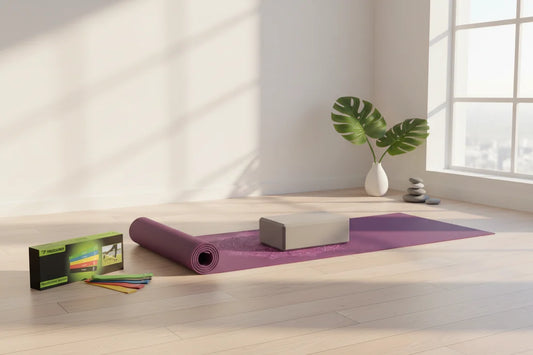 Joga Premium Set – LEELA MANDALA vijolična podloga (vijolična mandala), sivi joga blok &elastike