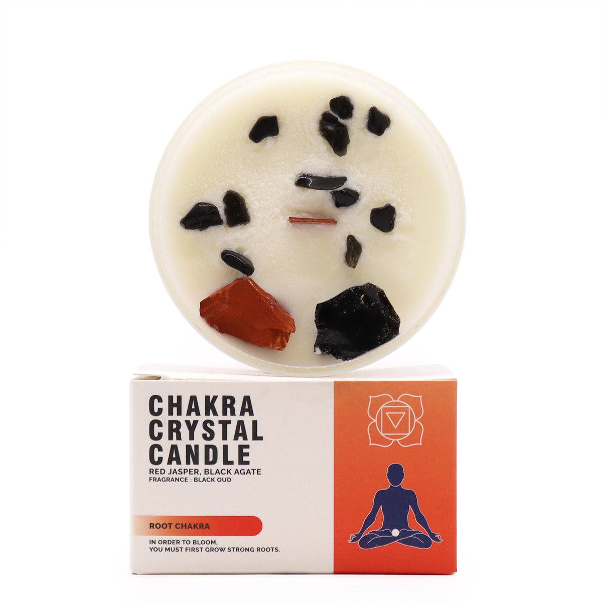 Kristalna sveča za korensko čakro – stabilnost & notranja moč | Root Chakra Candle.