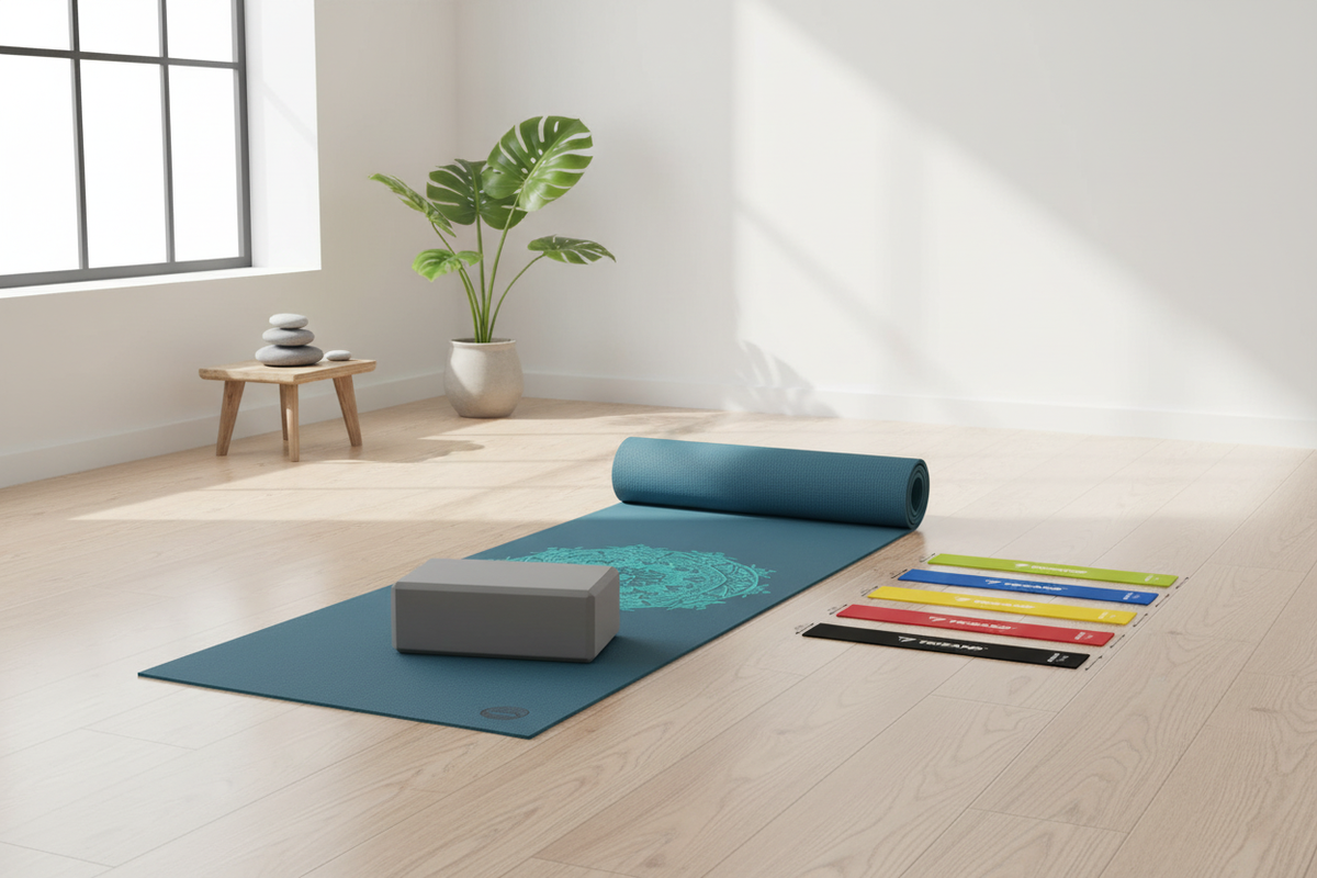 Joga Premium Set – LEELA MANDALA turkizna podloga, sivi joga blok & elastike