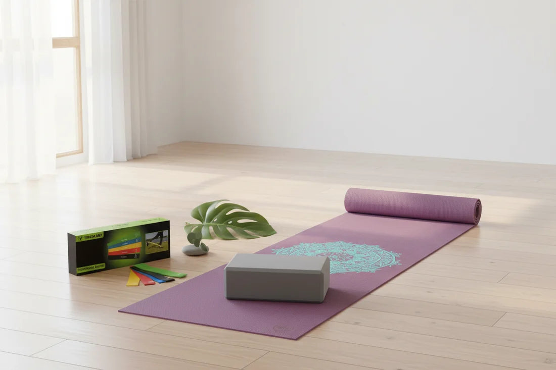 Joga Premium Set – LEELA MANDALA vijolična podloga (turkizna mandala), sivi joga blok & elastike