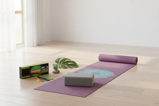 Joga Premium Set – LEELA MANDALA vijolična podloga (turkizna mandala), sivi joga blok & elastike