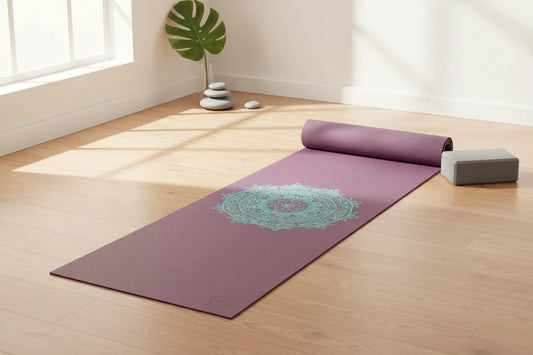 Joga Plus Starter Set – LEELA MANDALA vijolična podloga (turkizna mandala) & sivi joga blok